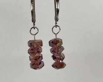 Amethyst Purple Crystal Dangle Earrings – AB Finish Czech Glass – Silver Leverback, Nickel-Free, Gift-Ready