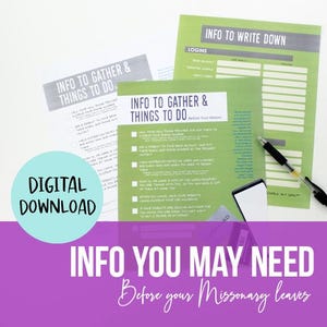 Op de afbeelding: Groene printbare checklist met de titel "Informatie verzamelen en dingen doen voordat je missie begint". De checklist bevat items zoals "Maak een budget", "Vraag een paspoort aan" en "Pak je spullen".