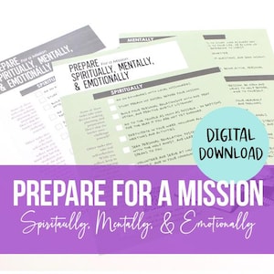 Puede incluir: Una descarga digital con listas de verificación y guías para la preparación espiritual, mental y emocional. El diseño incluye el texto "Prepare for a Mission" y "Digital Download" en un círculo turquesa. El fondo es blanco y morado.