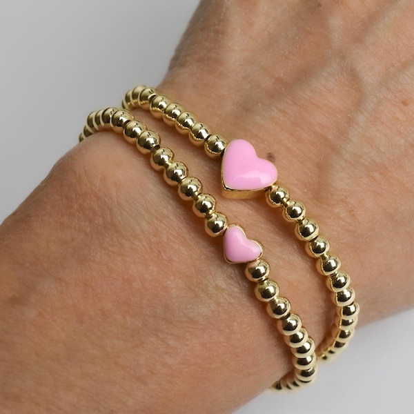 Gold Beaded Bracelet with Enamel Heart – Stretchy Bracelet, Custom Color & Size
