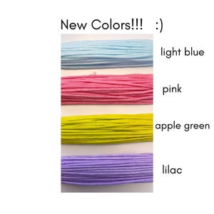 May include: Image of four bundles of cord in light blue, pink, apple green, and lilac. Text reads "New Colors!!! :)" with color names listed next to each cord bundle. The cords are tightly wound and appear to be made of a smooth material.