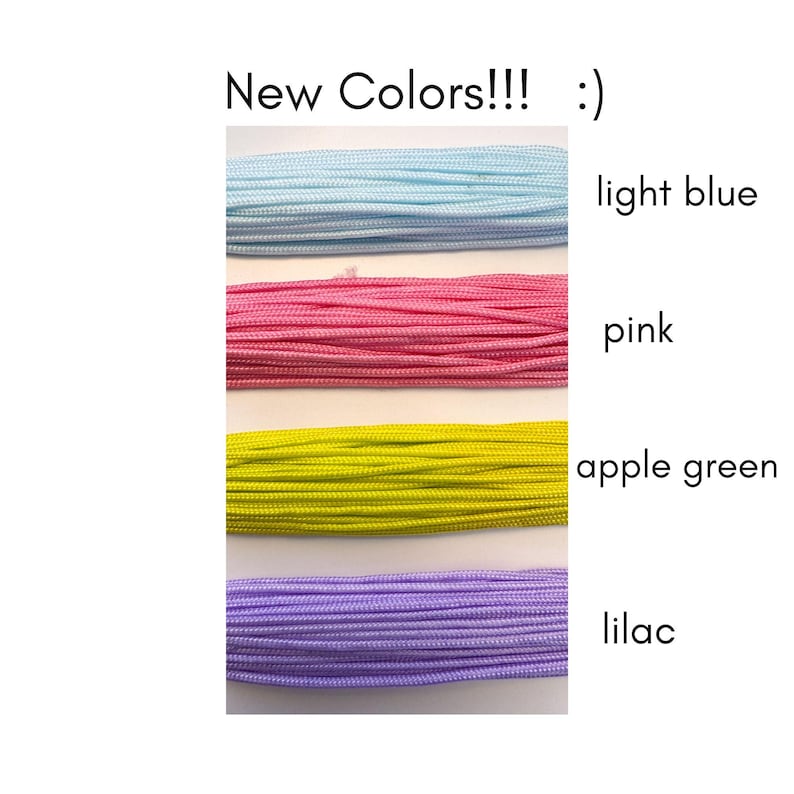 May include: Image of four bundles of cord in light blue, pink, apple green, and lilac. Text reads "New Colors!!! :)" with color names listed next to each cord bundle. The cords are tightly wound and appear to be made of a smooth material.