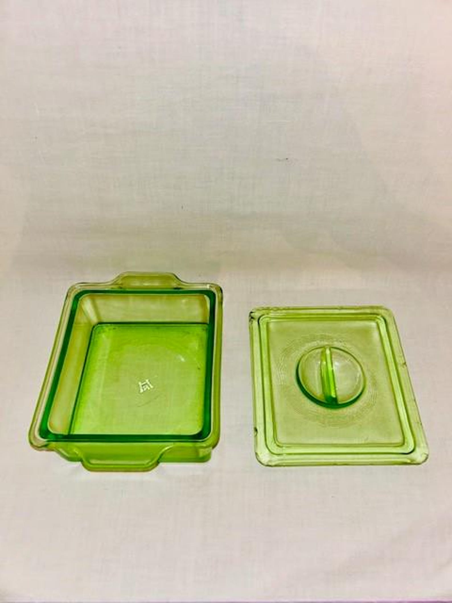 Vintage Hazel Atlas Green Uranium Glass Square Refrigerator Dish & Lid ...