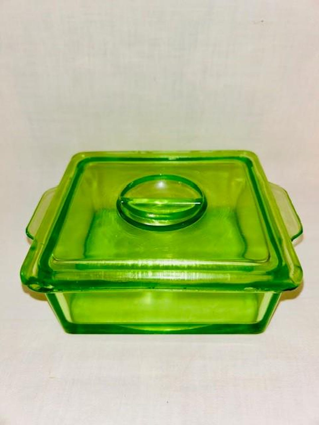 Vintage Hazel Atlas Green Uranium Glass Square Refrigerator Dish & Lid ...