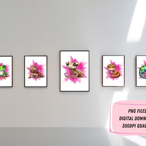 Trendy Pink Watercolor Reptile Wall Art - Kids room Art - girls room Art - digital downloads - png files - wall art