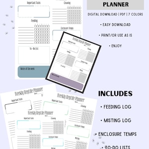 Op de afbeelding: Een digitale Weekly Reptile Planner in PDF-formaat, beschikbaar in 7 kleuren. De planner bevat secties voor belangrijke taken, voeding, behuizingstemperaturen en takenlijsten. De afbeelding bevat ook een voedingslogboek en een mistlogboek.