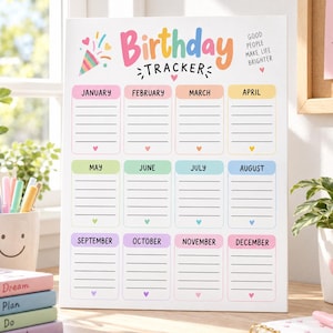 Könnte beinhalten: Eine weiße Geburtstagstafel mit bunten Monatsüberschriften von Januar bis Dezember, jeweils mit linierten Feldern für Namen und kleinen Herzsymbolen. Oben steht der Text Birthday Tracker und Good People Make Life Brighter.