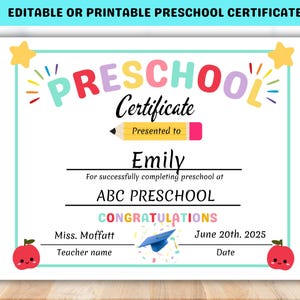 Certificat modifiable d'âge préscolaire, Certificat d'école maternelle, Diplôme d'école maternelle, Diplômé d'âge préscolaire, Imprimable, Tous les niveaux scolaires, Dernier jour de la maternelle, Diplôme
