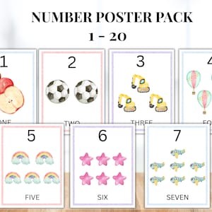Watercolor Number Poster Set, Homeschool Decor, 1-20 Posters, Number Chart, Class Posters, Classroom Decor, Educational Posters, Preschool
