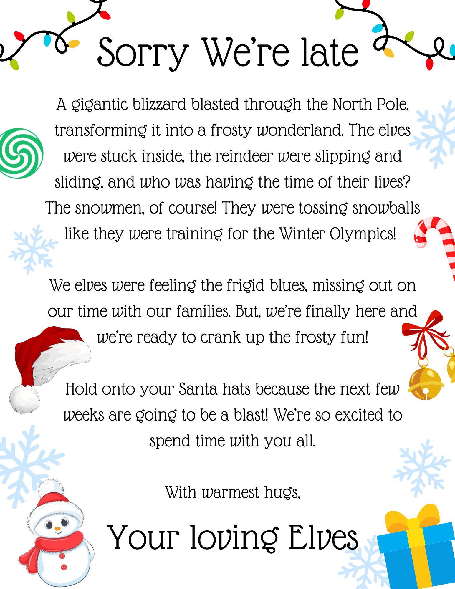 Printable Elf Late Arrival, Sorry We're Late Elf Letter, Elf Arrival ...