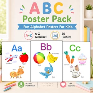 May include: An ABC Poster Pack featuring 26 alphabet posters. The display shows three posters with letters Aa, Bb, and Cc, each accompanied by colourful illustrations of an aeroplane, apple, ant, ball, bananas, bird, carrots, cupcake, and cat.