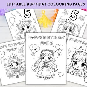 Birthday Party Coloring Pages, Custom coloring page, Birthday Activity, Editable, Kids Birthday Activity, Princess Coloring