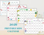 2026 Kids Calendar, Printable Kids Calendar, Homeschool Calendar, Cute Calendar, Calendar for Kids, Classroom Calendar, Yearly Wall Calendar