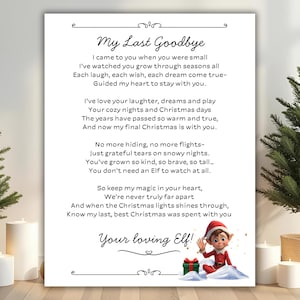 May include: A framed print with the poem "My Last Goodbye" and a cartoon elf illustration. The print includes two small Christmas trees in woven baskets and three white candles. The text is in black.