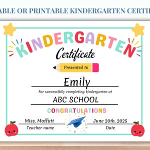Certificado de jardim de infância editável, diploma de jardim de infância, formatura de jardim de infância, último dia de jardim de infância, certificado infantil, para impressão, qualquer série
