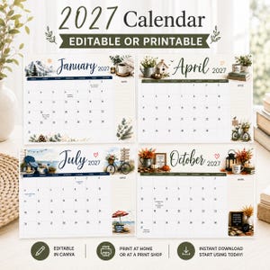 May include: A 2027 calendar set featuring editable or printable monthly pages. Each page displays a specific month, such as January, April, July, and October, with seasonal illustrations including mountains, bicycles, beach scenes, and autumn decor.