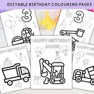 Birthday Party Coloring Pages, Custom coloring page, Birthday Activity, Editable, Kids Birthday Activity, Construction Coloring Pages