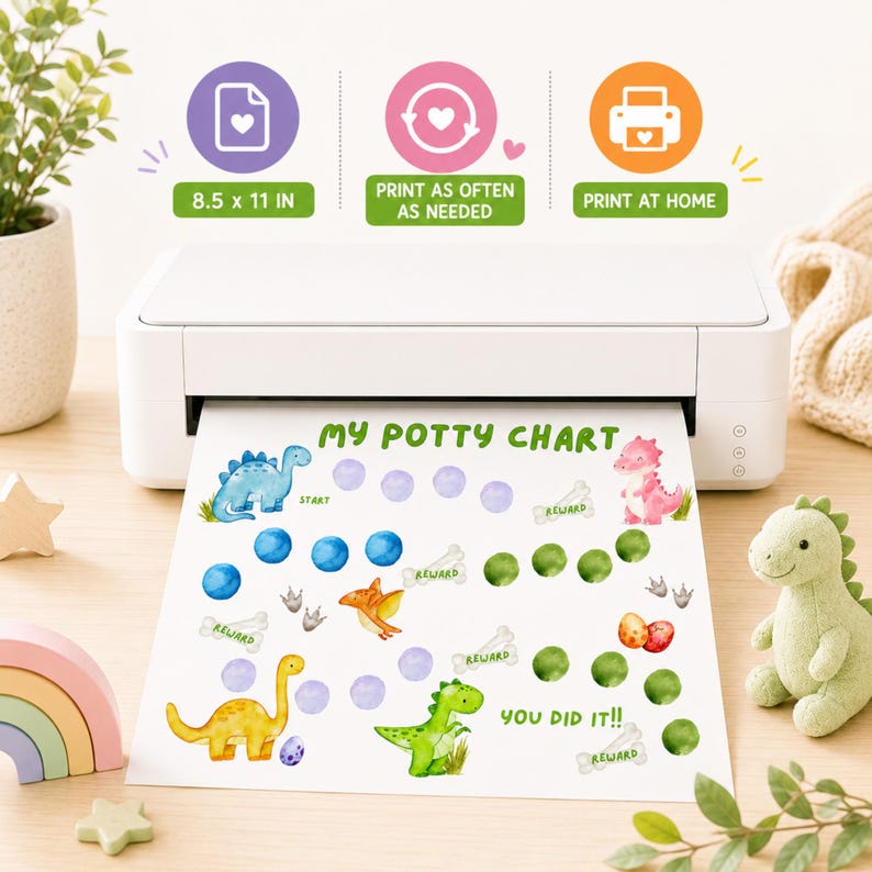 May include: A white printer outputting a paper titled My Potty Chart featuring watercolor dinosaurs, circular markers, and bone-shaped reward icons. The chart includes text reading Start and You Did It, with icons indicating 8.5 x 11 inch sizing.