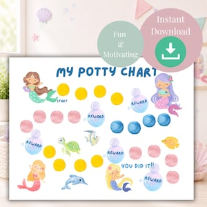 Peut inclure: Un tableau de propreté blanc avec le texte MY POTTY CHART et YOU DID IT!!, orné d'illustrations à l'aquarelle de sirènes, d'une tortue de mer, d'un poisson et d'un dauphin, avec des cercles jaunes, roses, bleus et des bulles de récompense.