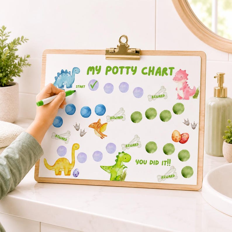 May include: A wooden clipboard holding a white paper potty chart with the text MY POTTY CHART and YOU DID IT. The chart features watercolor illustrations of various dinosaurs, bone-shaped reward markers, and rows of blue and green circles.