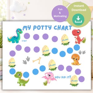 May include: A white potty training chart titled MY POTTY CHART in blue text. The chart features colourful cartoon dinosaurs, dinosaur footprints, bones, and speckled egg icons labelled REWARD. It includes purple and blue circular progress markers.