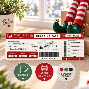 Könnte beinhalten: Eine rot-weiße North Pole Express Bordkarte mit dem Text StarBright Elf, 1. Dezember, 02:00 Uhr, Flug NP 178, Gate F 24 und Sitzplatz 14 C. Enthält eine Weltkarte mit Schlittengrafik, einen Strichcode und drei kreisförmige Symbole.