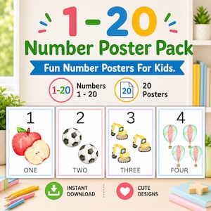May include: A 1-20 Number Poster Pack featuring twenty educational posters for kids. The display shows four sample posters with illustrations of one apple, two footballs, three yellow excavators, and four hot air balloons with text.