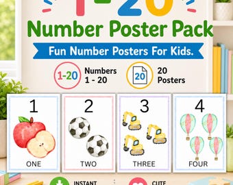 Watercolor Number Poster Set, Homeschool Decor, 1-20 Posters, Number Chart, Class Posters, Classroom Decor, Educational Posters, Preschool