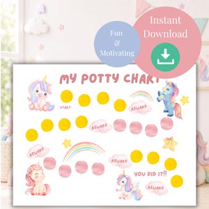 Peut inclure: Un tableau de propreté blanc intitulé MY POTTY CHART en lettres roses, avec des illustrations aquarelles de licornes, arcs-en-ciel, étoiles et nuages. Le tableau comprend des cercles jaunes et roses pour suivre les progrès et des zones de récompense.