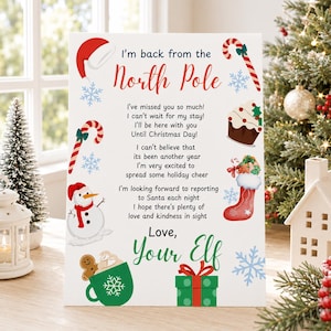 Könnte beinhalten: Ein weißes rechteckiges Schild mit dem Text I'm back from the North Pole und einem Gedicht über einen Elf. Das Design enthält Illustrationen einer Weihnachtsmütze, Zuckerstangen, eines Cupcakes, eines Schneemanns, eines Strumpfes und eines Geschenks.