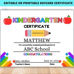 Bearbeitbares Kindergartenzertifikat, Kindergartendiplom, Kindergartenabschluß, letzter Tag des Kindergartens, Kinderzertifikat, druckbar, jede Note