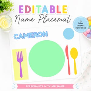 Puede incluir: Un mantel individual rectangular blanco con el texto EDITABLE Name Placemat y el nombre CAMERON en azul. Incluye un círculo verde grande, un rectángulo amarillo con un tenedor morado, un cuchillo rojo, una cuchara amarilla y un círculo azul.