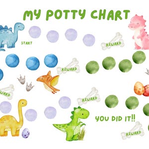 May include: A watercolor potty chart featuring the text MY POTTY CHART and YOU DID IT. The chart includes illustrations of various colorful dinosaurs, dinosaur eggs, footprints, and bone-shaped reward markers with purple, blue, and green circles.