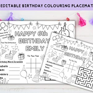 Editable Birthday Coloring Placemat: Kids Birthday Party Activity (Digital Download)