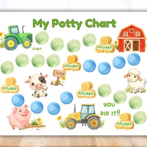 May include: Watercolor potty training chart with a farm theme. Features a green tractor, red barn, and various farm animals. Includes the text "My Potty Chart", "Start", "Reward", and "You Did It!!".