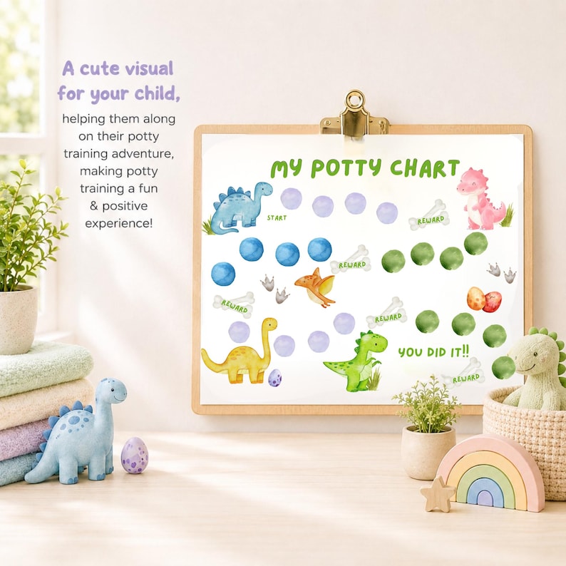 May include: A potty training chart on a wooden clipboard featuring watercolor illustrations of dinosaurs, eggs, and bones. The chart includes the text "MY POTTY CHART" and "YOU DID IT!!" with various colored circles for tracking progress.
