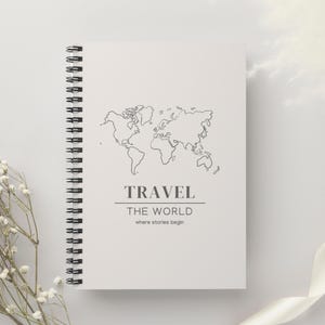 Spiral Travel Notebook – Beige Journal with World Map & Quote | Minimalist Travel Diary | Lined Pages | Gift for Explorer Women