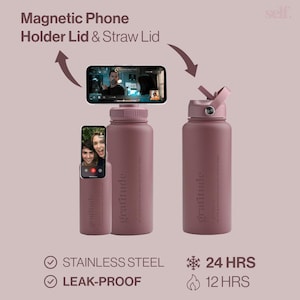 leakproof insulated water bottle, magnetic phone holder lid, straw lid, Stainless Steel, wellness, self-care, gifts, 1 litre, thermos