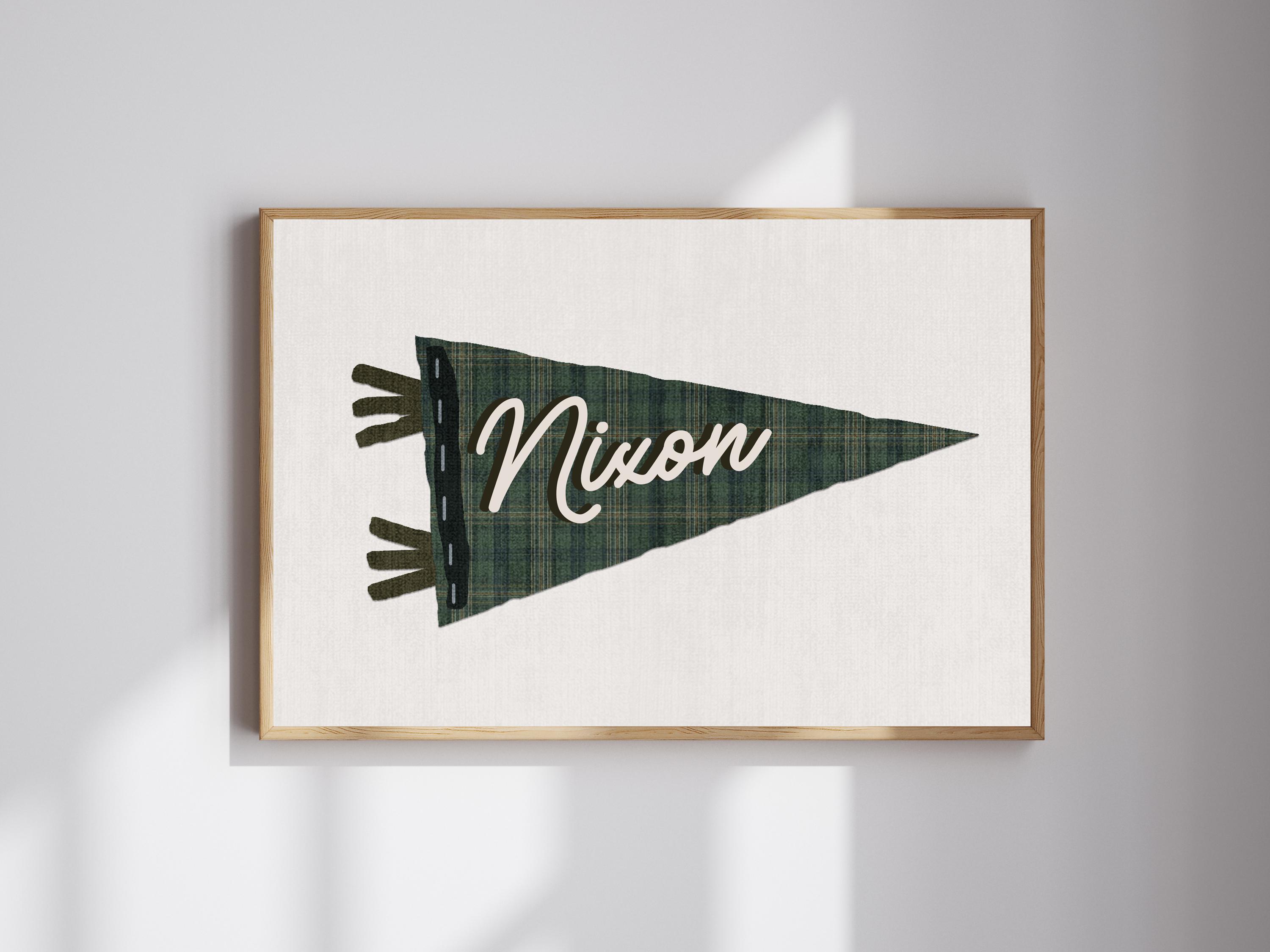 Personalized Name Pennant Flag Custom Baby Banner Vintage Plaid Wall Art BabyShower Birthday Gift Nursery Decor Boy Room Minimalist Print