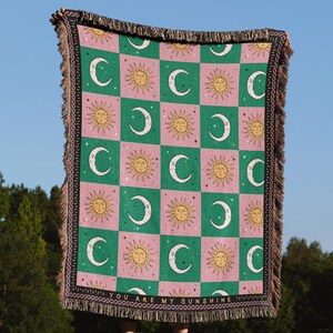 Personalized Boho Sun and Moon Woven Blanket, Celestial Checkerboard Throw Blanket, Vintage Astrology, Cozy Bohemian Home Decor Gift 2025