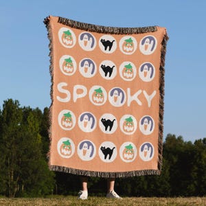 Ghost & Pumpkin Sugar Cookie Throw Blanket, Halloween Woven Blanket, woven ghost blanket, Spooky Season Throw, Goth Occult Creepy Decor 2025