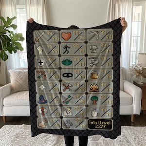 Maxed Stats Runescape Blanket, OSRS Fleece Blanket, 2277 Skillcape Inspired Throw, Gamer Gift, Nerdy boyfriend present, RuneScape Gift Idea