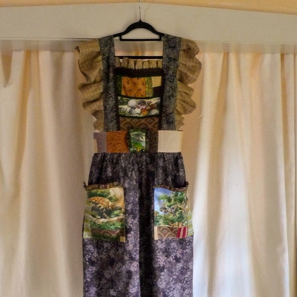 dinosaur themed, patchwork costume apron, adult size adjustable, handmade from vintage quilting cottons