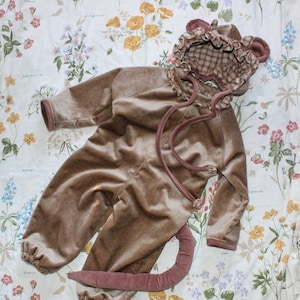 Velvet Woodland Mouse Costume: Handmade Bonnet, Snap-On Tail, Size 3-4 Years