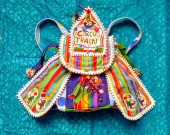 circus clowns backpack with rainbow tent, handmade from precious vintage recycled materials