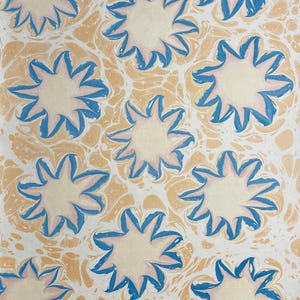 Marbled Paper Featuring Eleven Blue, Red Ochre and Yellow Ochre Stylized Flowers over Orange Stones