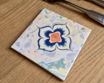 Ceramic Coaster with Marbled Paper Hatip Ebrû Pattern