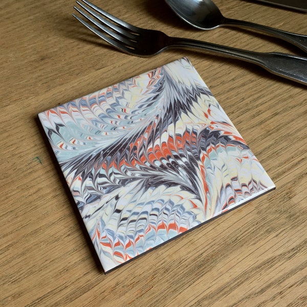 Ceramic Coaster with Marbled Paper Swirled Polish Pattern