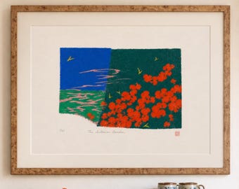 庭園をモチーフにした抽象的な木版画アートプリント｜ティールグリーンと朱色のウォールアート｜日本の木版画にインスパイアされたプリント