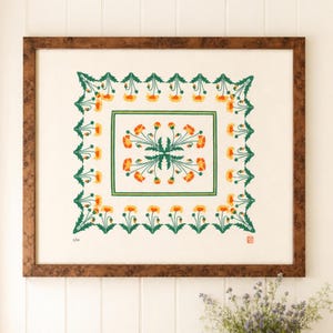 Può includere: Una stampa incorniciata che presenta un motivo rettangolare centrale di fiori arancioni e gialli con steli e foglie verdi, circondato da un bordo decorativo di motivi floreali ripetuti nella stessa tavolozza di colori su sfondo color crema.